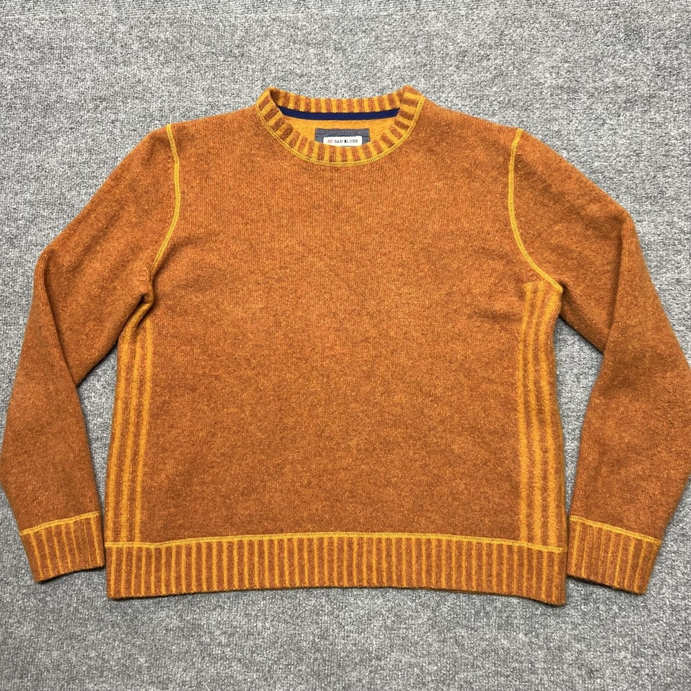 32 Bar Blues Sweater Mens XL Orange 100% Merino Wool Crewneck Pullover Knit